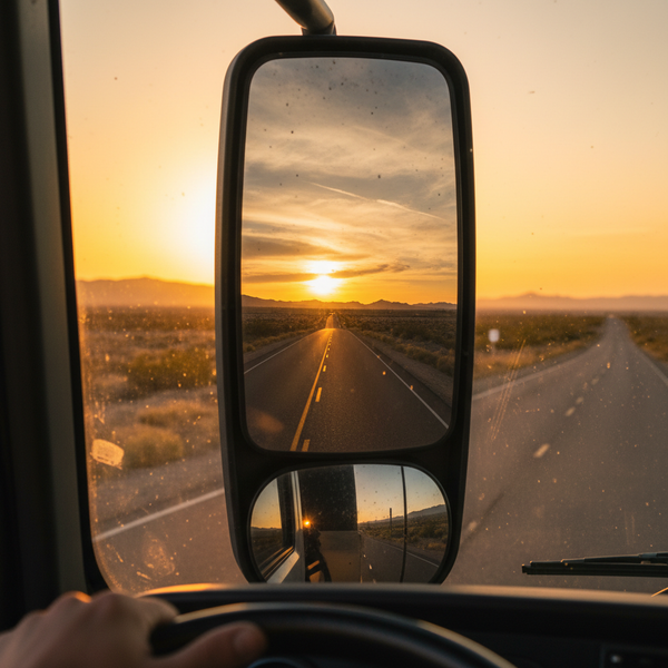 Truck side mirror reflecting a sunset road, driver's perspective.